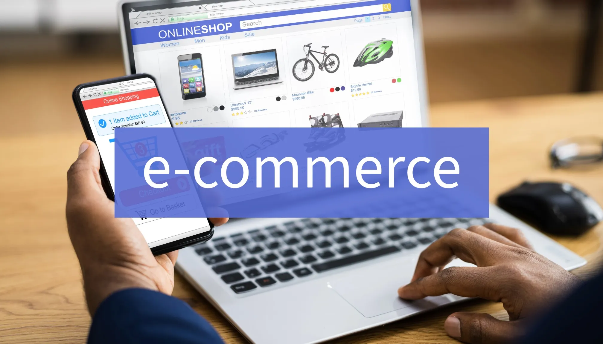 E-commerce: Person online shopping using a smartphone with "item added to cart" and laptop displaying an online store.