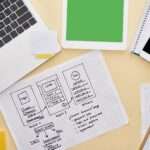 top view of gadgets near website design template on yellow background