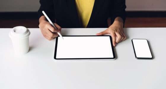 Woman using tablet screen blank and smartphone on the table mock up to promote your products