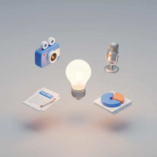 A 3D isometric illustration showing a mix of content types like videos, podcasts, and articles surrounding a central brand logo.